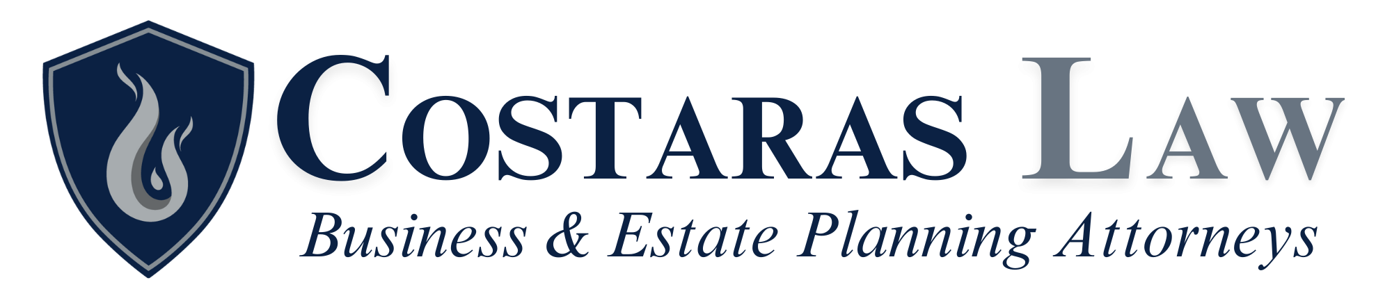 Costaras Law transparent logo displaying a shield with a flame emblem, accompanied by the text "Costaras Law - Business & Estate Planning Attorneys."