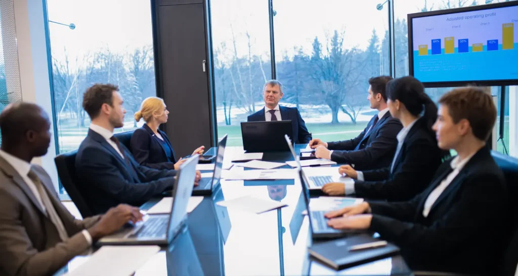 Business executives in a corporate meeting discussing financial data, illustrating Costaras Law's advisory services in corporate governance and legal strategies.