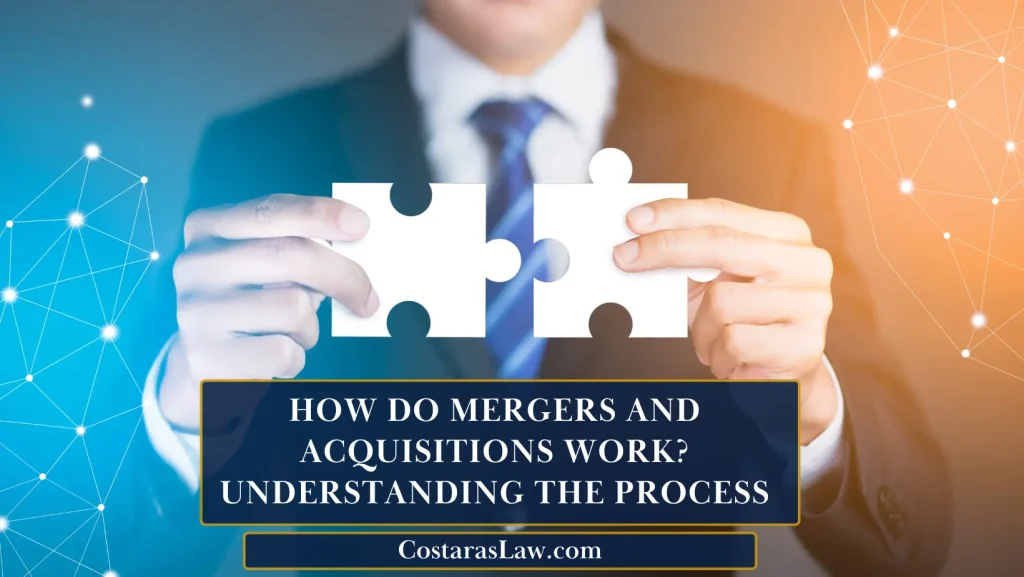 A business professional holding two puzzle pieces, symbolizing the complex process of mergers and acquisitions, with expert guidance from Costaras Law.