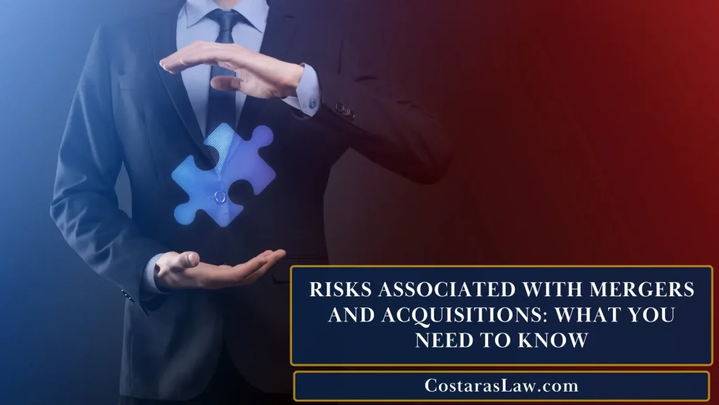 A business professional holding a puzzle piece, representing the risks associated with mergers and acquisitions, with legal support from Costaras Law.