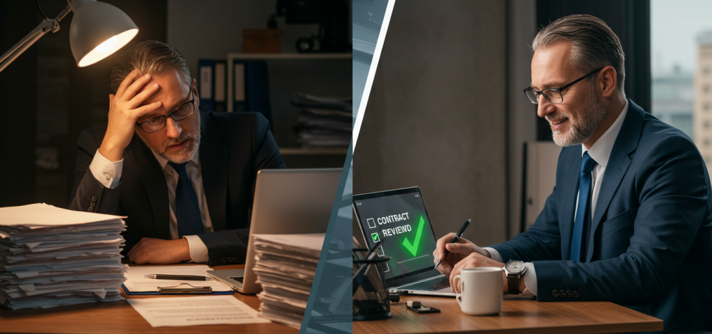 Before and after using AI contract reviewer from Costaras Law – stressed businessman relieved after streamlined contract analysis.